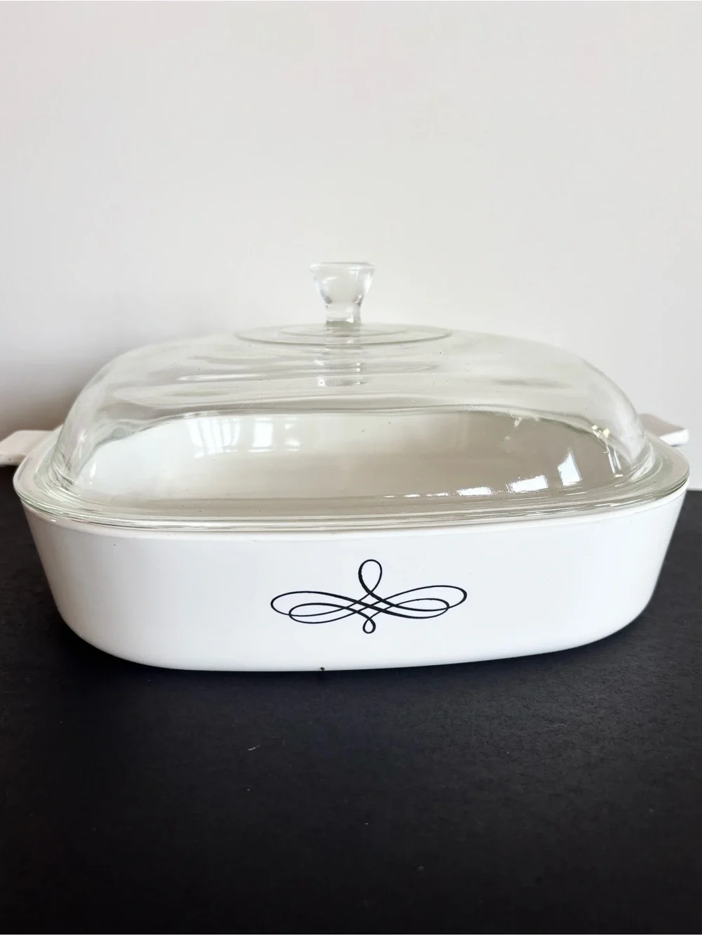 Vintage Corning Ware Black Trefoil Scroll Casserole Dish with Glass Lid